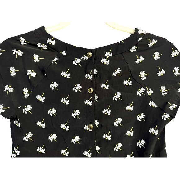 Lush Black Daisy Floral Button-Back Blouse Silky Poly Short Cap Raglan Sleeve XS - Picture 4 of 6